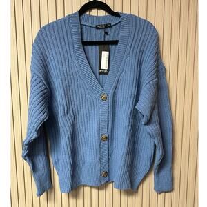 Nasty Gal Women’s Over Knit Button Down Ribbed Cardigan Blue Size S